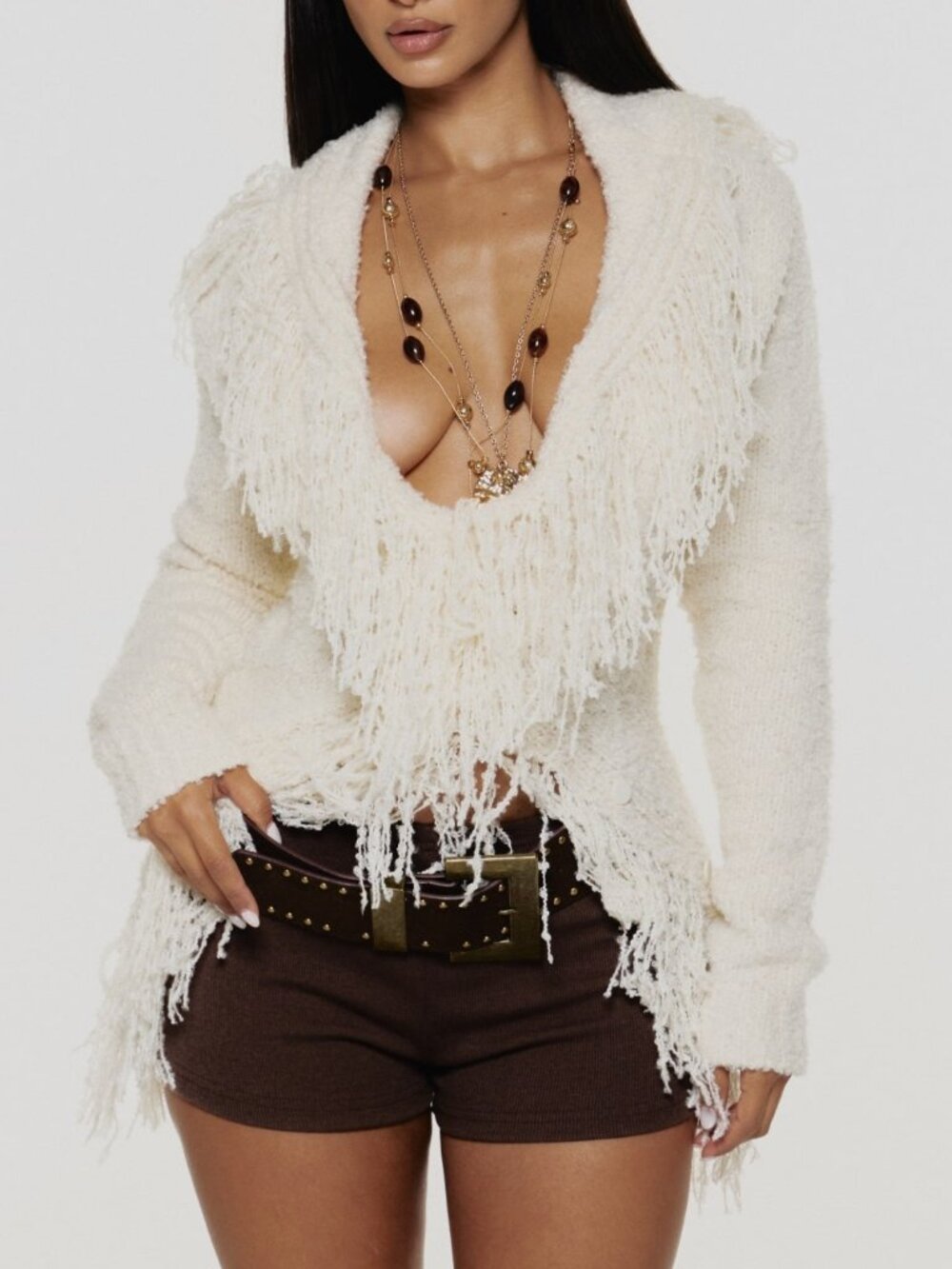 Cream Casual Women's Textured Popcorn-Knit Cardigan With Tiered Fringe
